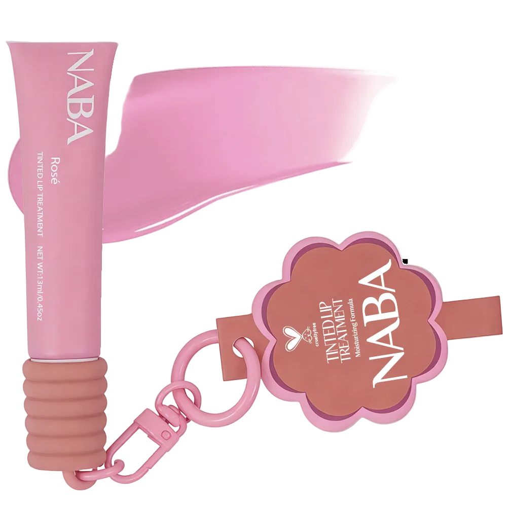 Pink lip balm with a keychain and NABA branding on a white background