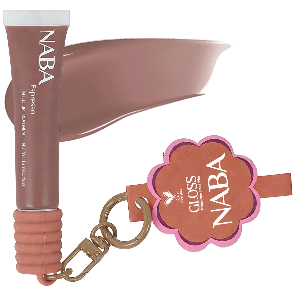 NABA lip gloss with keychain and packaging on a white background
