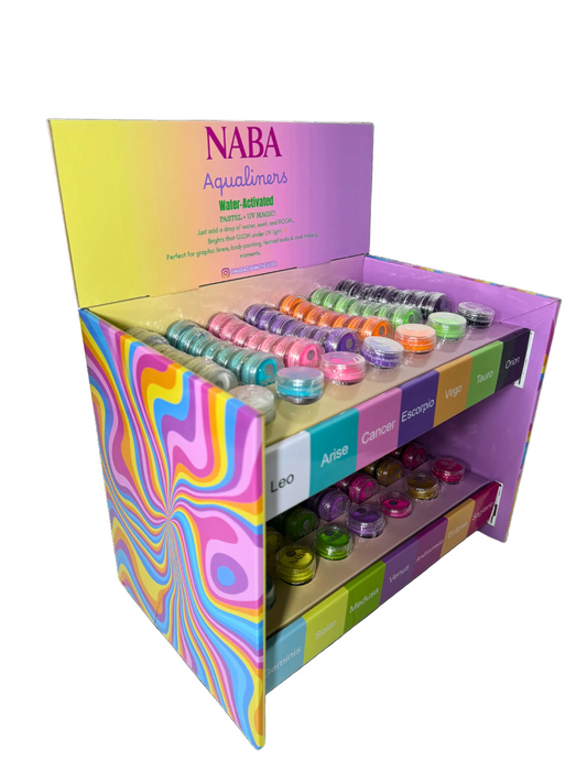 Display box of NABA Aquatinters water-based products with colorful packaging.